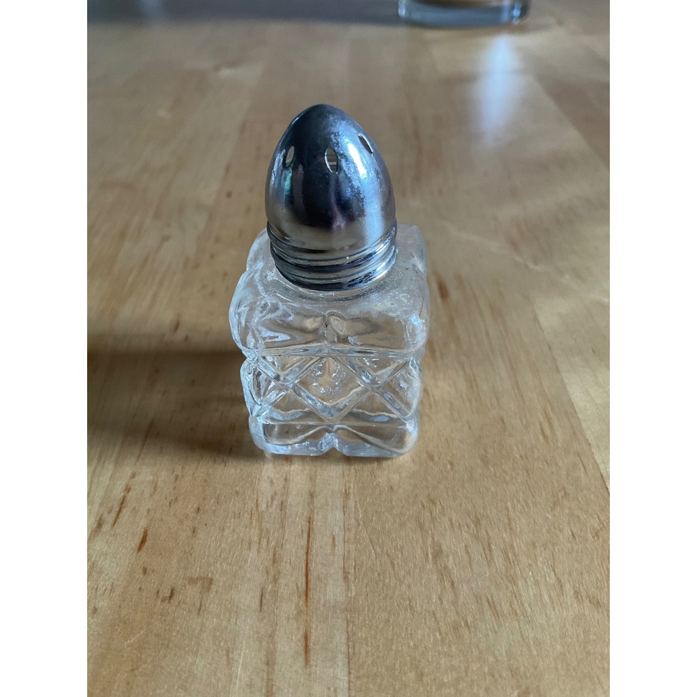 Vintage Miniature Glass Salt Shaker Diamond Cut Pattern Chrome Top Taiwan 1.75in